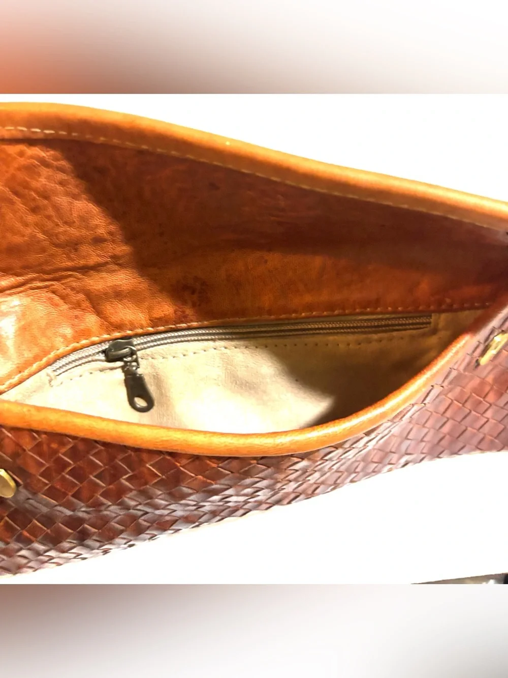 Vintage distressed Woven Leather Clutch in Rich Brown with Tan Trim